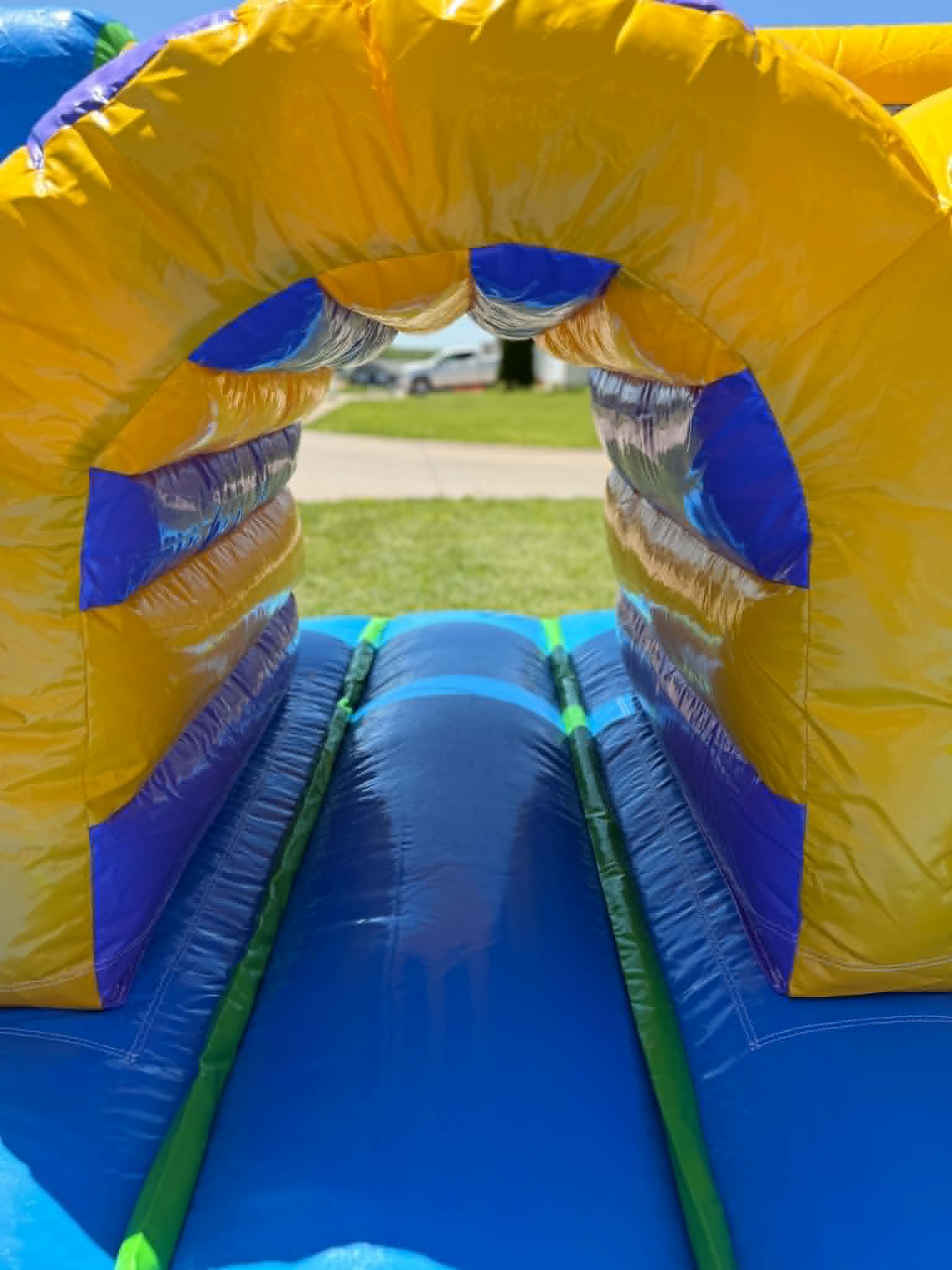 Last crawl-through tunnel leading to the exit of the 40 foot obstacle course