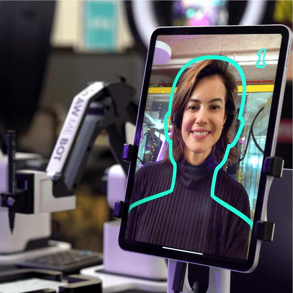 AI converting a guest photo into line art on the tablet screen