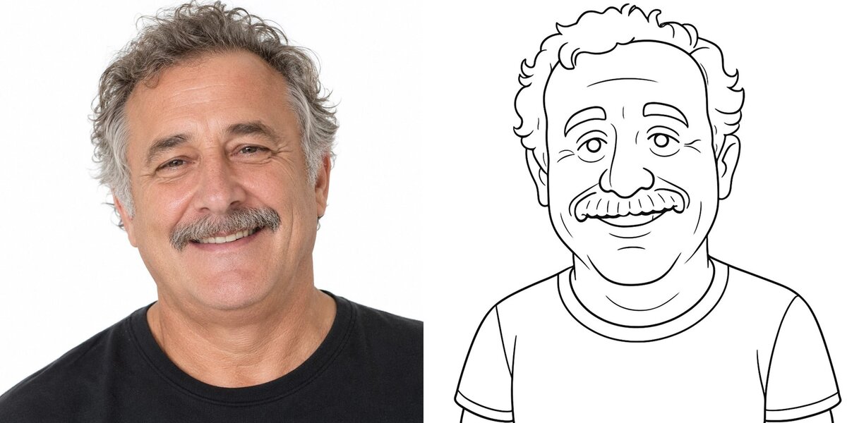 Before and after of a guest photo turned into a robot-drawn caricature