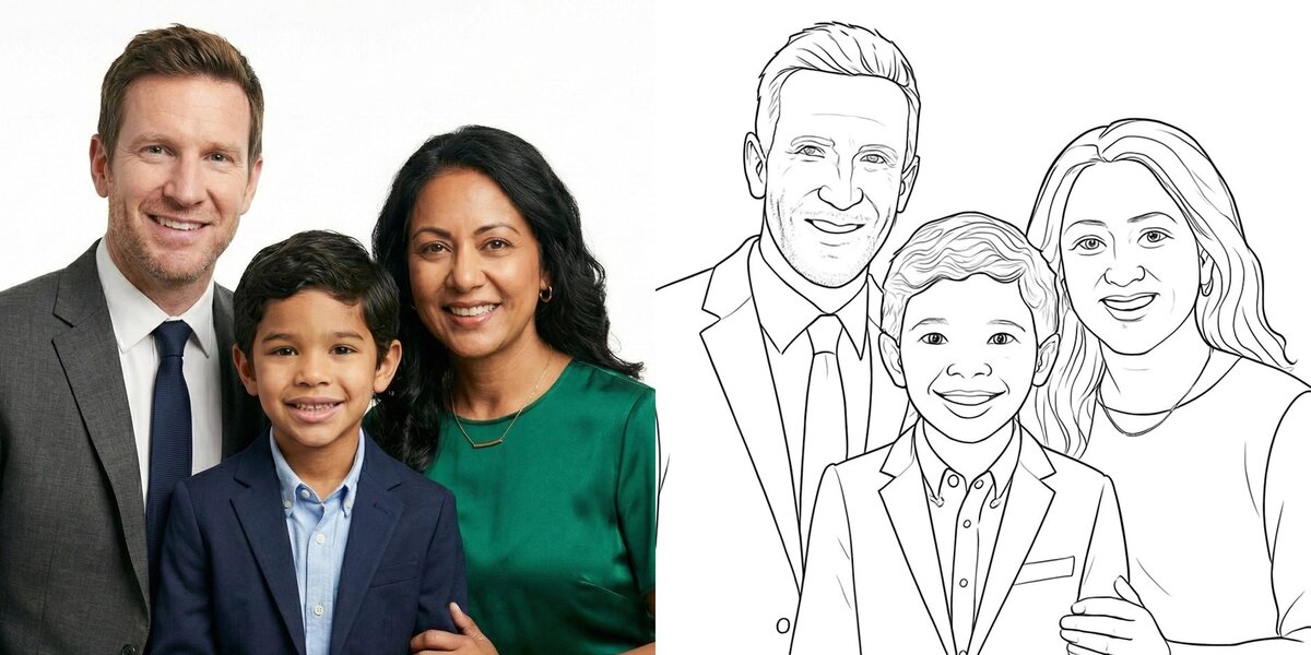 Family group photo drawn as a caricature by the robot artist