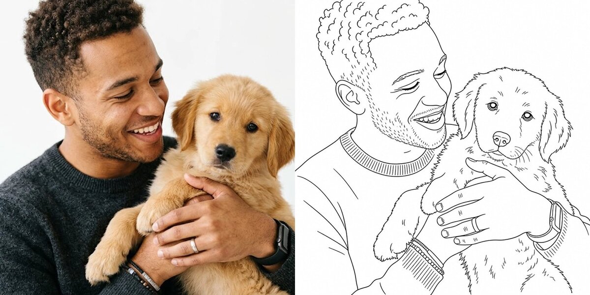 Guest and dog drawn together as a caricature