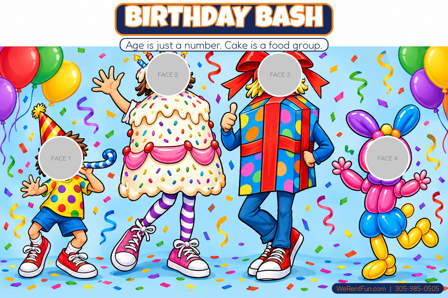 Birthday Bash face-in-hole photo backdrop theme