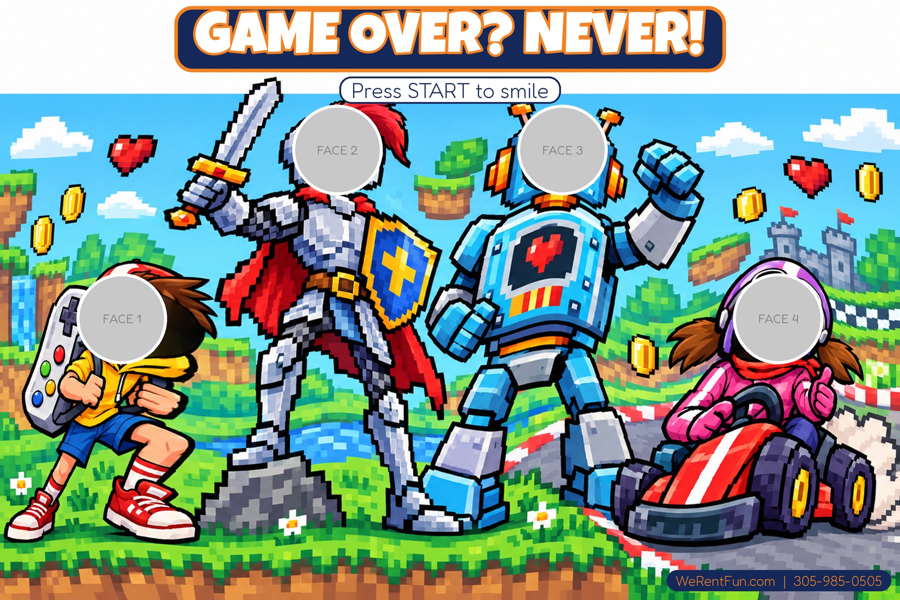 Game Over? Never! face-in-hole photo backdrop theme