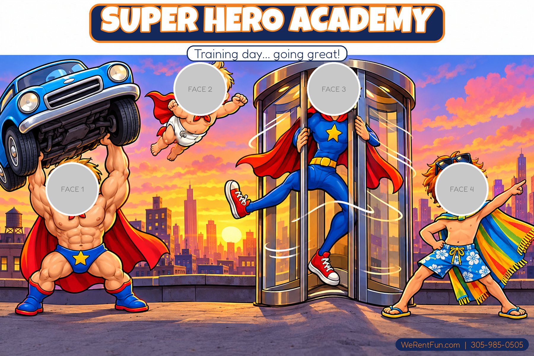 Super Hero Academy face-in-hole photo backdrop theme