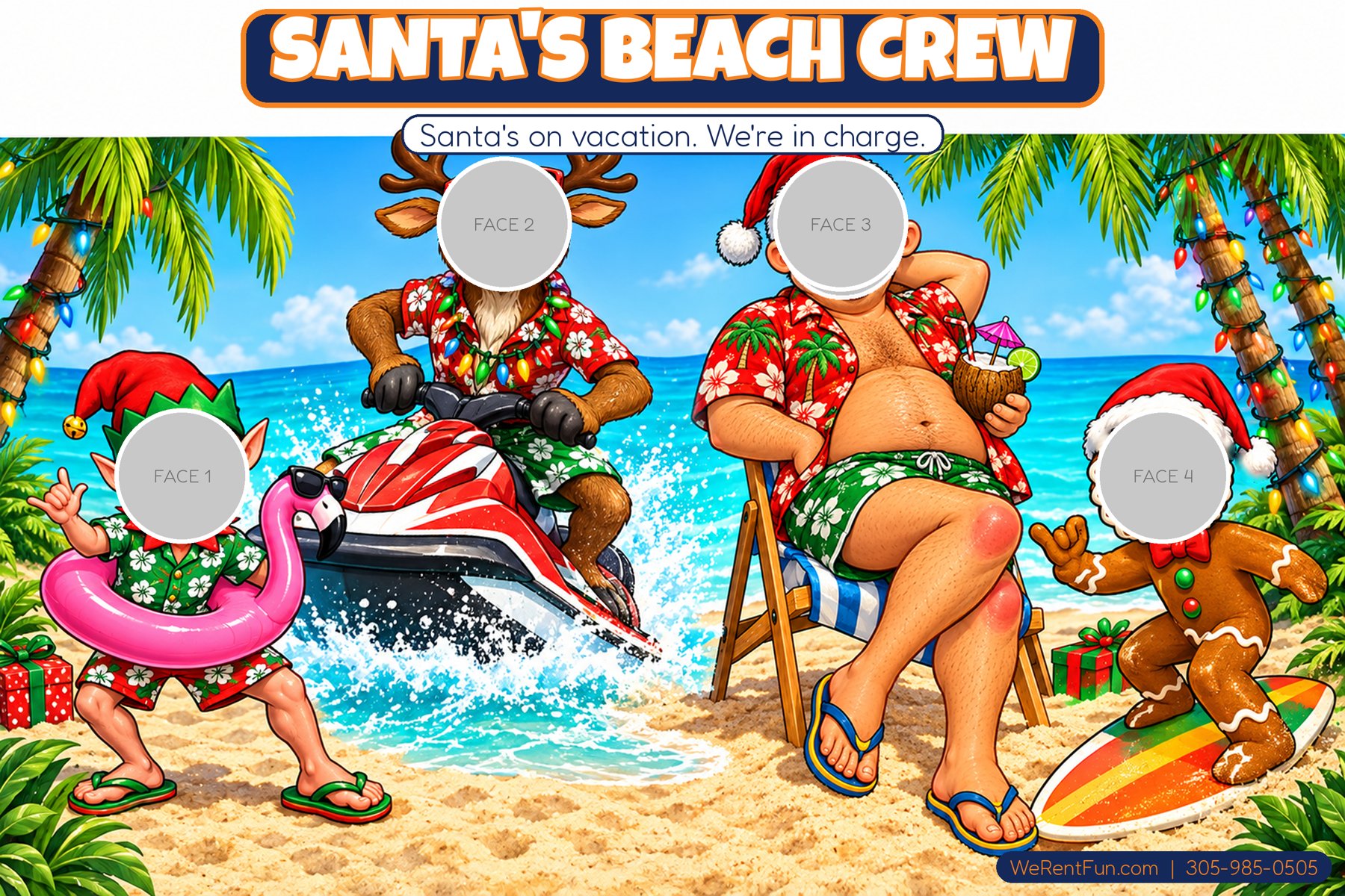 Santa's Beach Crew face-in-hole photo backdrop theme