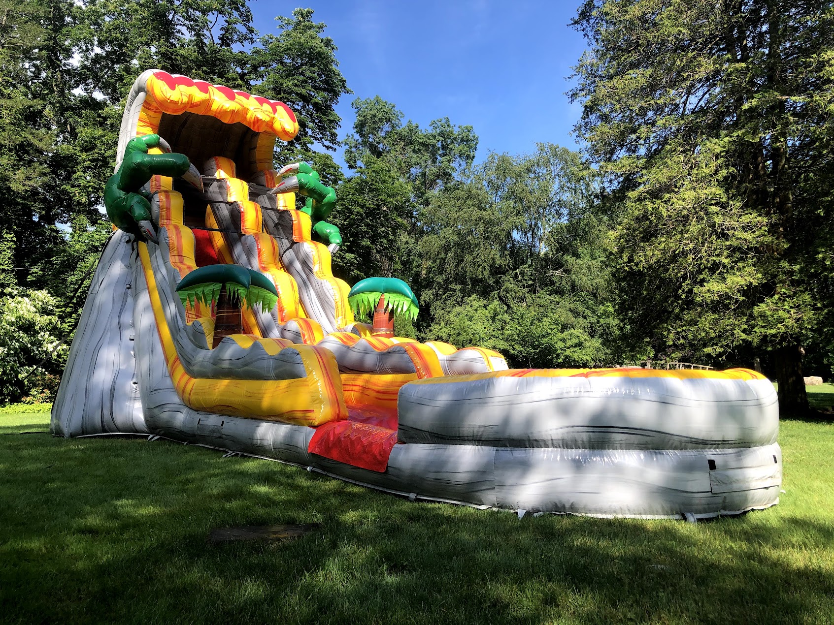 T-Rex dry slide set up for a Long Island party